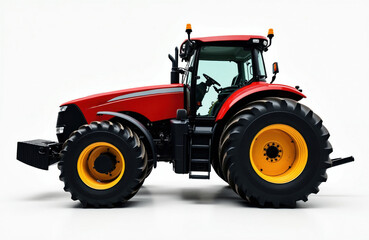 Fototapeta premium Red farm tractor isolated on white studio background. Large vehicle for agricultural work, modern machinery for farming operations. Powerful engine, robust tires. Agricultural machine ready for field