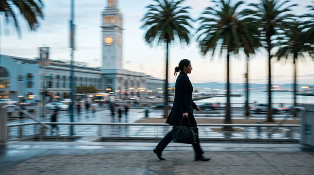 Businesswoman Walking Through Waterfront District with Big Ben