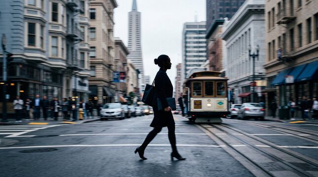Woman Crossing Street in Urban City with Cable Car