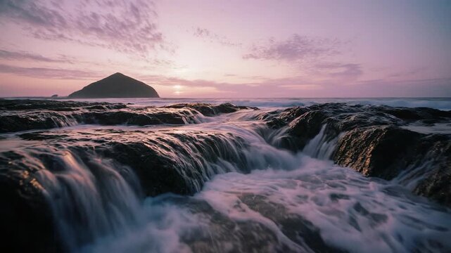 Ocean waves flowing over rocky shore at sunset for nature and travel content