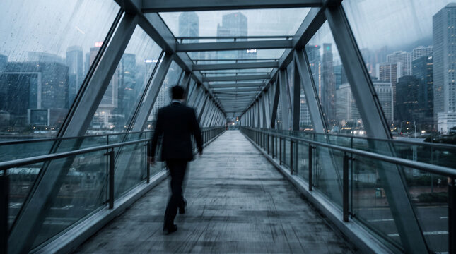 Businessman Running Across Glass Bridge Toward City Skyline