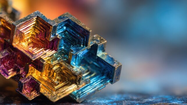 A shimmering, iridescent bismuth crystal with rainbow oxide layers, showcasing intricate geometric patterns and metallic luster.