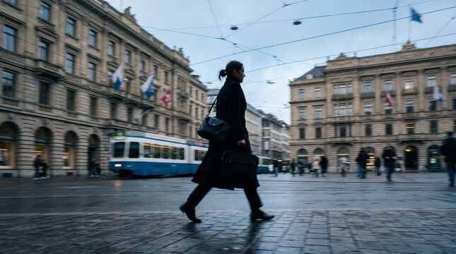 Woman Crossing Urban Street in European City