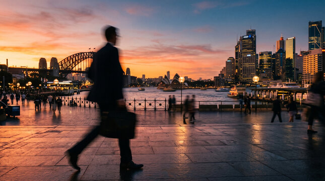 Business Professional Running Through Sydney Harbour at Sunset