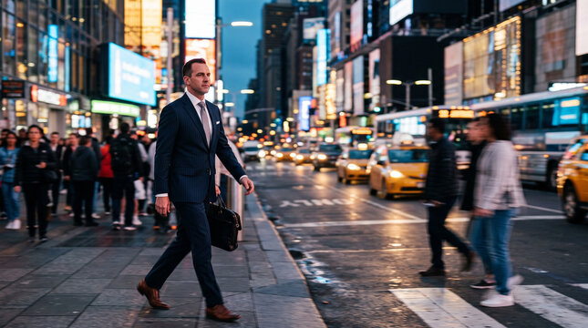 Businessman Walking Through Times Square at Dusk
