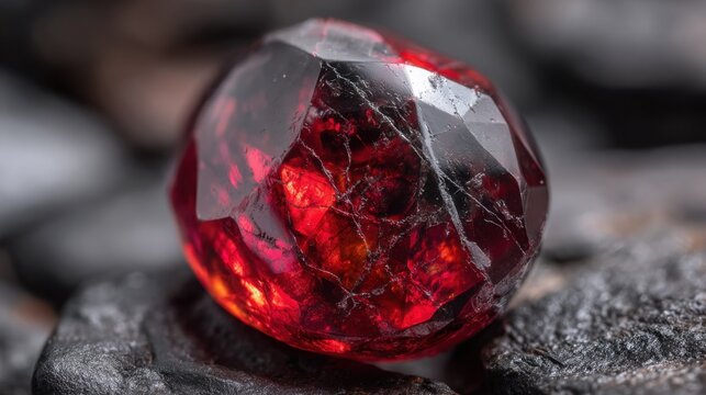 Deep crimson ruby gemstone with intricate internal fractures and brilliant facets, isolated on a dark textured surface