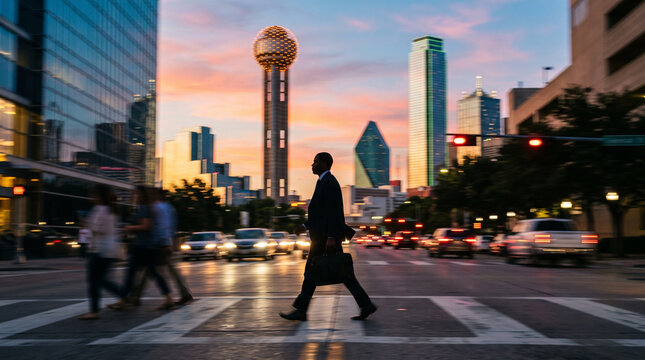 Businessman Crossing Street in Downtown Dallas at Dusk