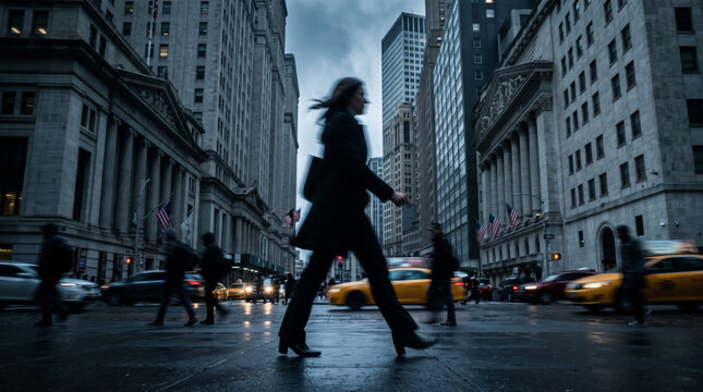 Confident Woman Crossing Busy Urban Street