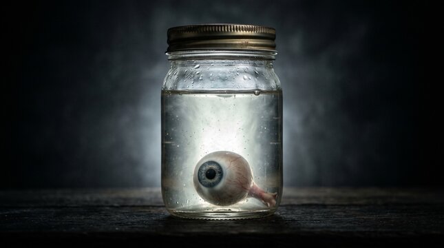 Spooky Halloween eyeball preserved in a glass jar filled with clear liquid on a dark wooden surface