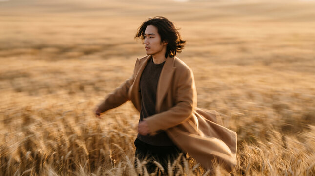 Young Man Contemplating in Golden Wheat Field at Sunset