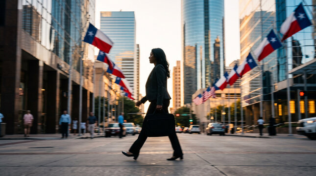 Professional Woman Walking Through Urban Downtown Street