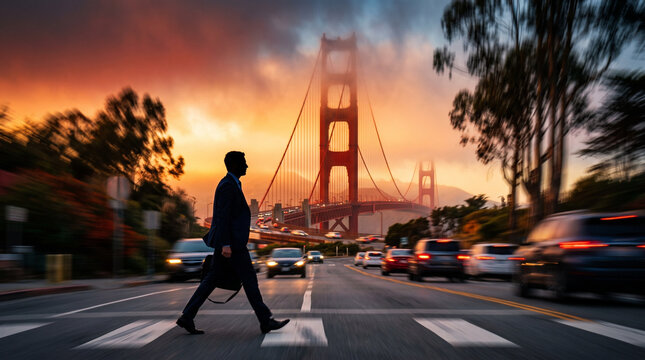 Businessman Crossing Street at Golden Gate Bridge Sunset