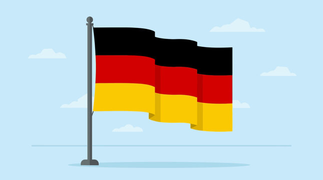 Germany flag waves proudly on a metal pole against a clear blue sky with stylized clouds in this modern vector graphic.