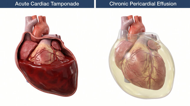 Medical Illustration: Acute Cardiac Tamponade vs Chronic Pericardial Effusion