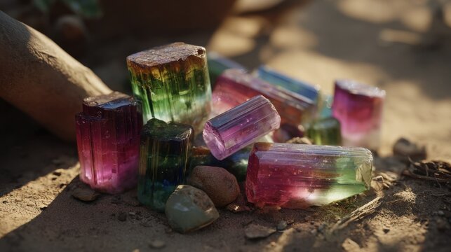 Vibrant uncut tourmaline crystals showcasing a spectrum of natural colors in a rough pile on earthy ground