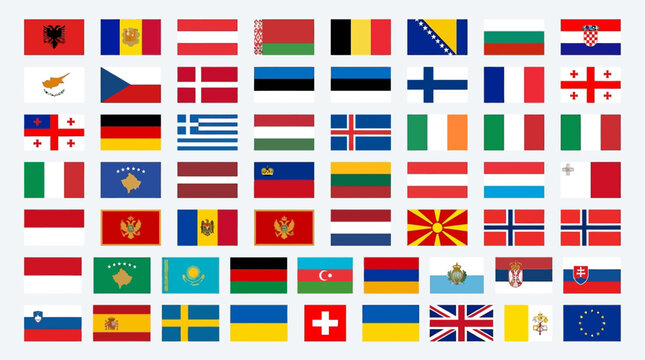 Flags of various European nations are arranged in a precise grid pattern on a clean white background.