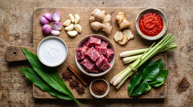 Raw Beef Rendang Ingredients On Rustic Wooden Cutting Board
