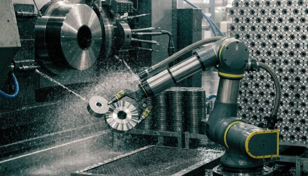 Medium shot of a robotic lathe tending cell with a dual gripper robot arm simultaneously loading blanks and unloading finished parts in a busy manufacturing environment.