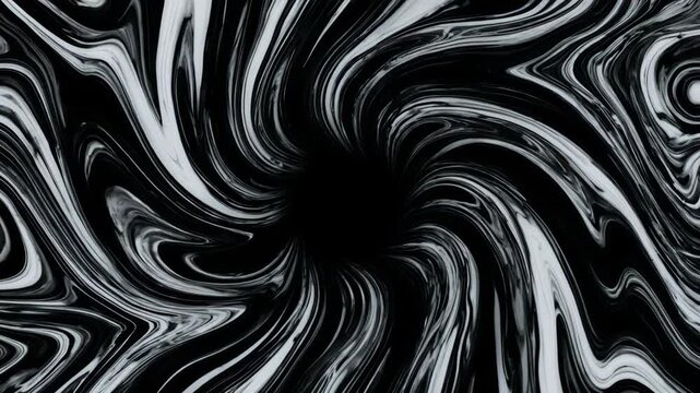 Black and white swirling liquid marble vortex rotating on dark background for abstract intro
