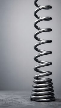 A single metallic coiled spring standing vertically against a gray background