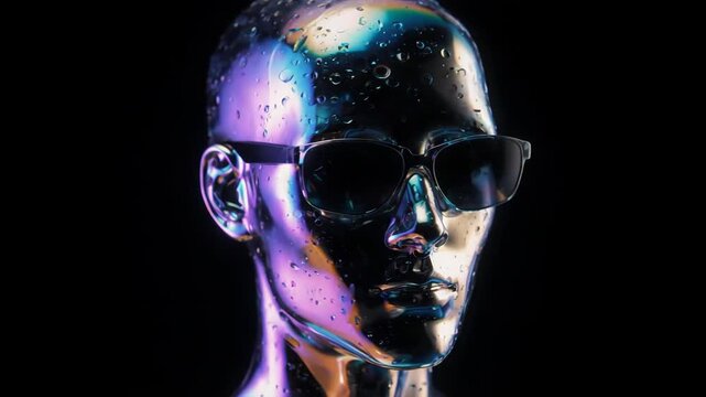 Iridescent metallic human head rotating on dark background for futuristic technology concept