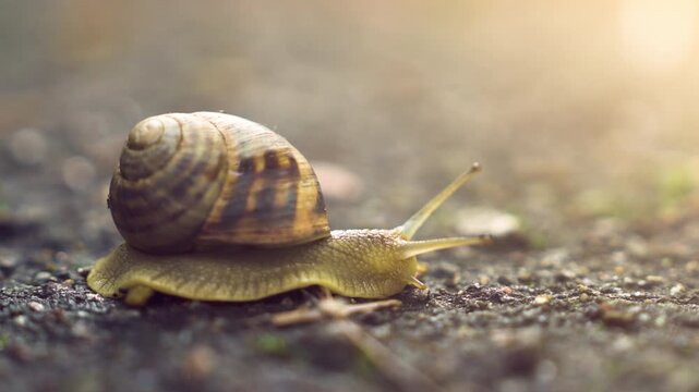 Close-Up of a Garden Snail Crawling on a Wet Park Path After Rain | Macro View of Slow Mollusk with Spiral Shell and Antennae | Nature Detail in Soft Sunlight