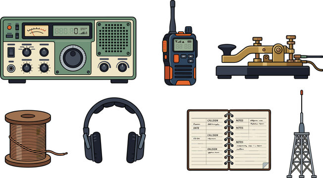 Amateur Ham Radio Communication Hobby Vector Set with Transceiver, Walkie Talkie, Morse Code Key, Headphones, Wire Spool, Logbook, and Antenna