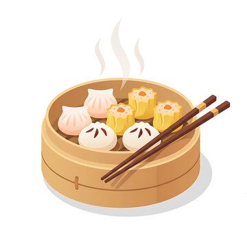 Steaming dim sum in a bamboo steamer with chopsticks, traditional