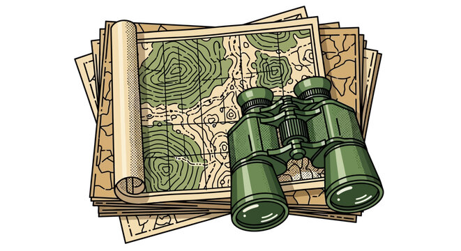 A detailed Vector illustration featuring a stack of vintage geological survey maps topped with professional field binoculars for exploration themes