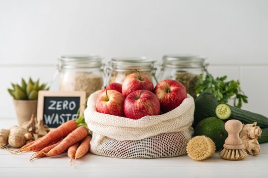 Zero waste eco friendly shopping with reusable cotton bag and fresh vegetables