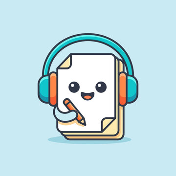 Cute Kawaii Paper Character with Headphones and Pencil - Audiobook and Podcast Mascot