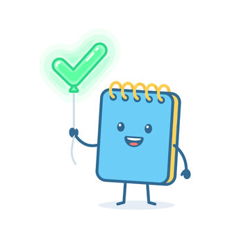 Cute Notebook Character with Glowing Checkmark Balloon for Task Success and Productivity