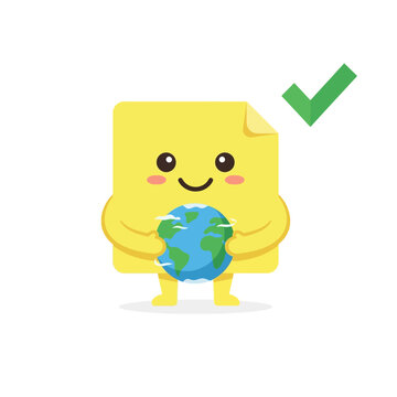 Cute Cartoon Sticky Note Character Holding Globe with Green Checkmark, Eco-Friendly Sustainability Concept