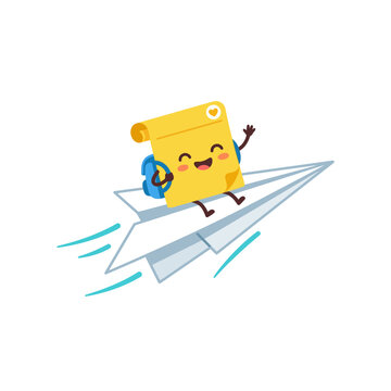 Cute sticky note character flying on paper airplane