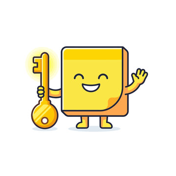 Happy Cartoon Sticky Note Character Holding Golden Key Solution Illustration