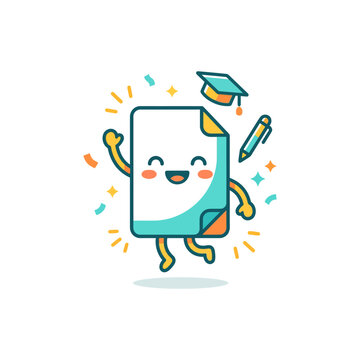 Cute Cartoon Document Character Celebrating Graduation with Mortarboard and Pen