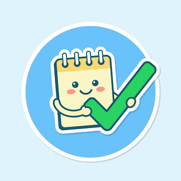 Cute Kawaii Notepad Character with Green Checkmark Success Icon