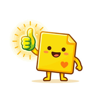Cute Sticky Note Mascot Giving Thumbs Up, Kawaii Yellow Paper Character Success Concept