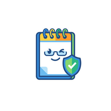 Cute Mascot Notepad Icon with Security Shield and Glasses for Data Privacy
