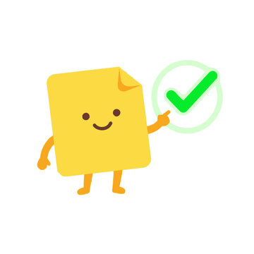 Cute sticky note character pointing to a green checkmark icon for success and task completion.