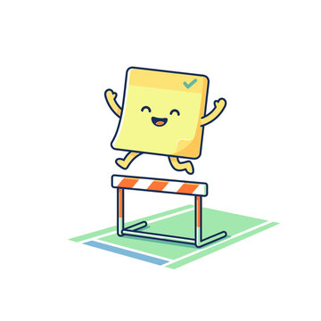 Kawaii Sticky Note Character Jumping Over Hurdle - Success and Task Completion Concept Illustration