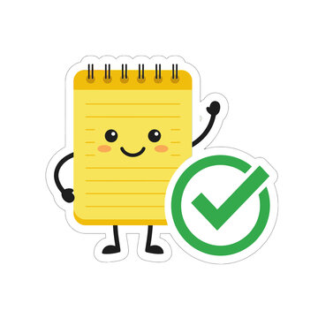 Cute Notepad Character with Green Checkmark Sticker Illustration