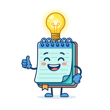 Cute Notebook Mascot Character with Light Bulb and Thumbs Up Gesture - Creative Idea and Inspiration Illustration