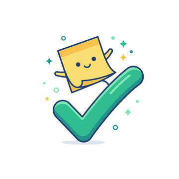 Cute sticky note character jumping on a large green check mark representing task completion