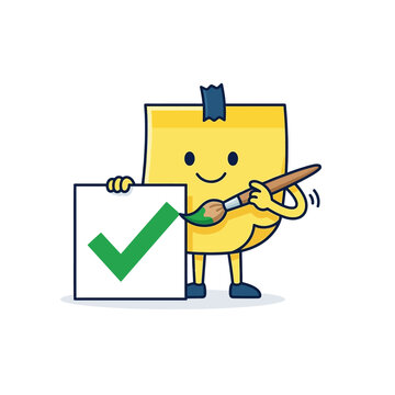Cute Sticky Note Character Painting a Green Checkmark Symbol