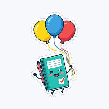 Kawaii Notebook Sticker Character with Colorful Balloons and Pen - Task Completion and School Concept Vector