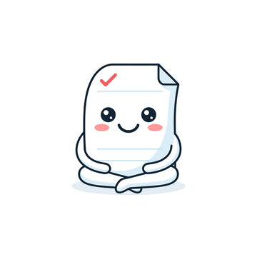 Cute Kawaii Document Character with Checkmark Sitting Cross-Legged - Productivity and Task Completion Concept