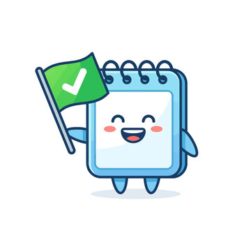 Cute Cartoon Notepad Character Holding Green Checkmark Flag, Productivity Mascot Illustration