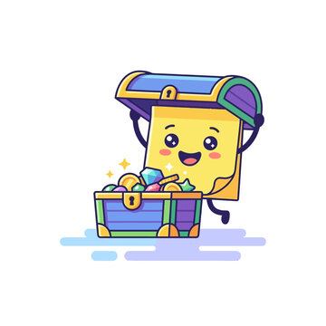 Cute Kawaii Sticky Note Character Opening a Treasure Chest of Gems and Gold