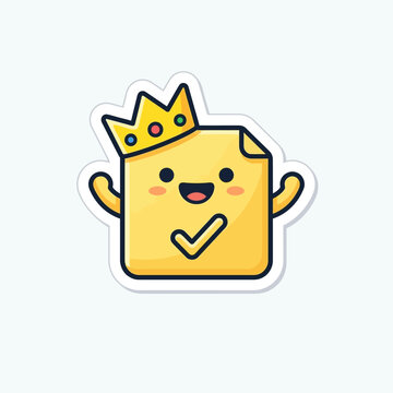 Kawaii Document Sticker with Gold Crown and Checkmark Symbolizing Premium Quality and Success